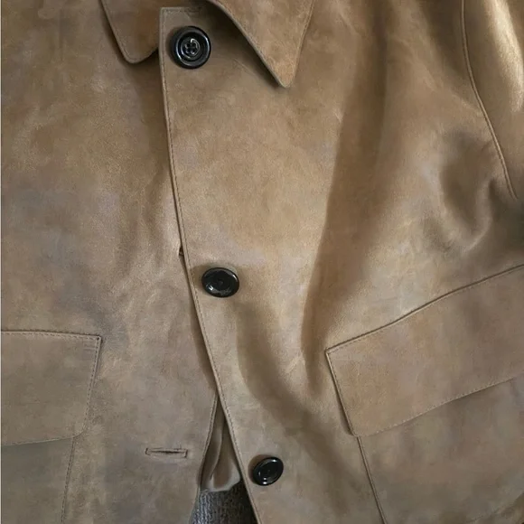 Massimo Dutti Tan Suede Leather Jacket with Buttons and Pockets - Picture 4 of 4